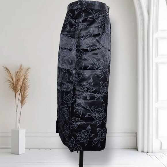 Vintage 80s Peplum Satin Midi Skirt Set Size 6 Black Floral Rose Print Goth - Picture 14 of 16